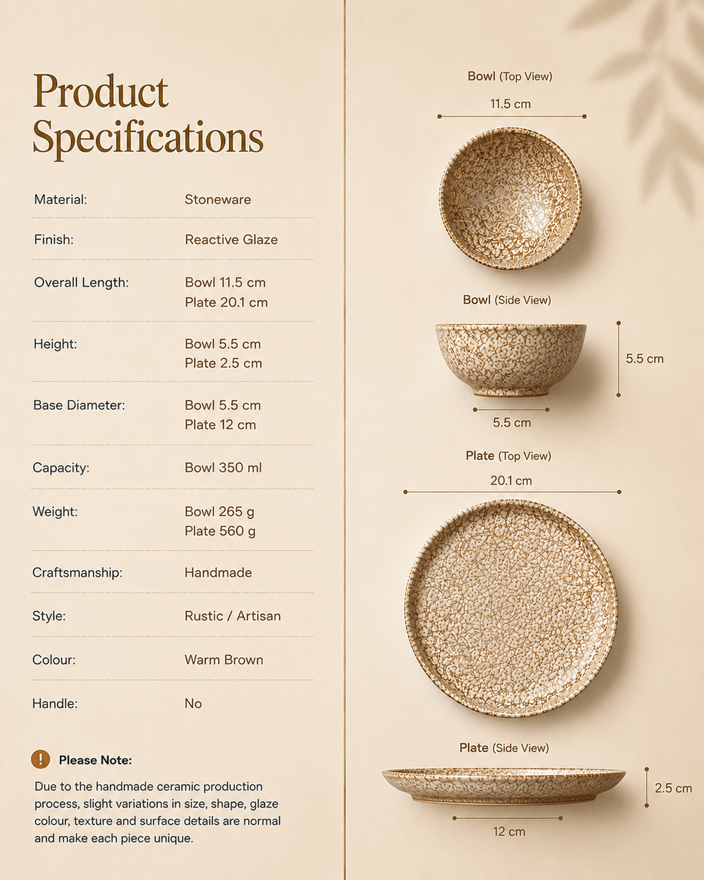 Reactive glaze stoneware bowl and side plate specifications with dimensions and product details