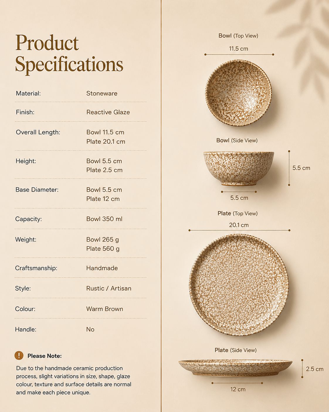 Reactive glaze stoneware bowl and side plate specifications with dimensions and product details