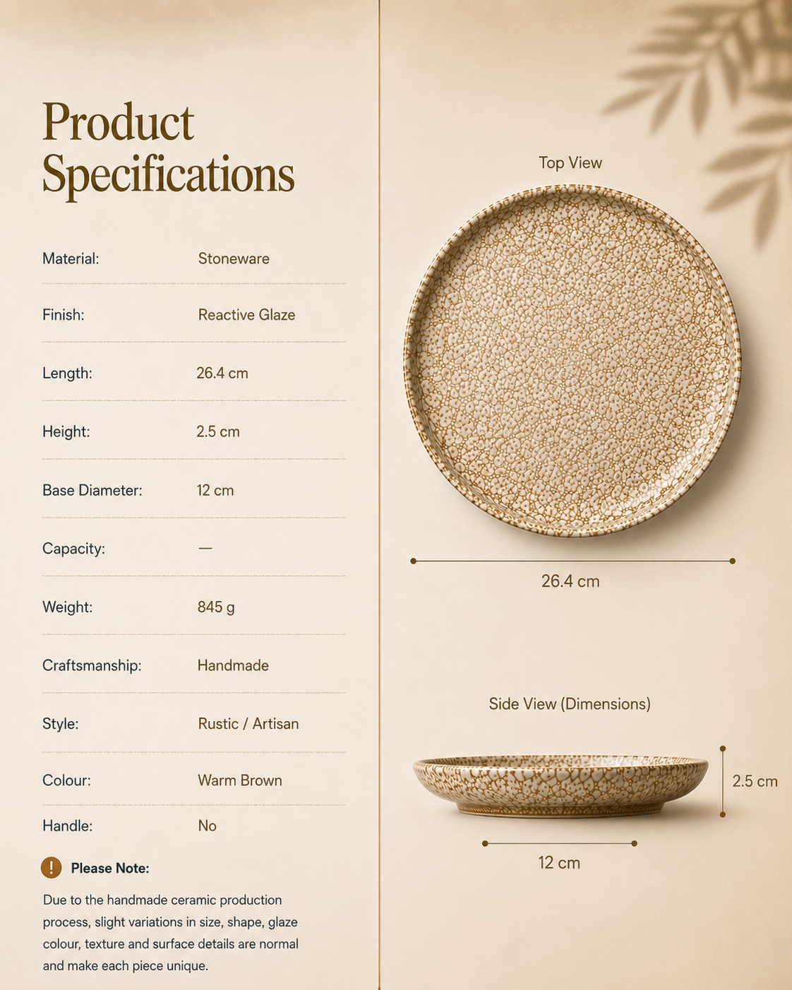 Reactive glaze stoneware dinner plate specifications showing 26.4 cm diameter and dimensions