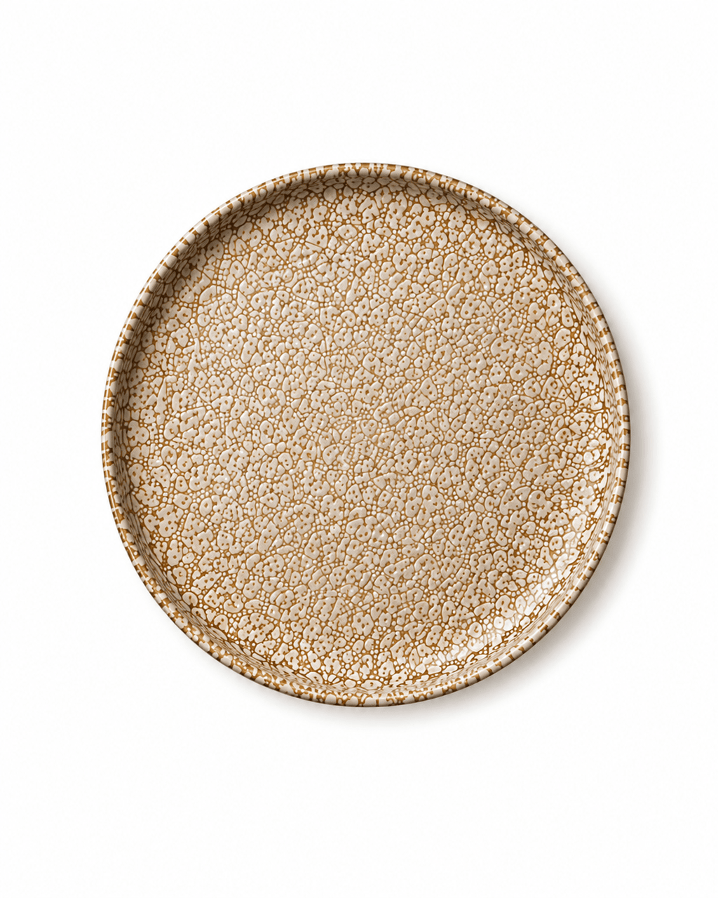 Brown and cream speckled reactive glaze stoneware dinner plate top view