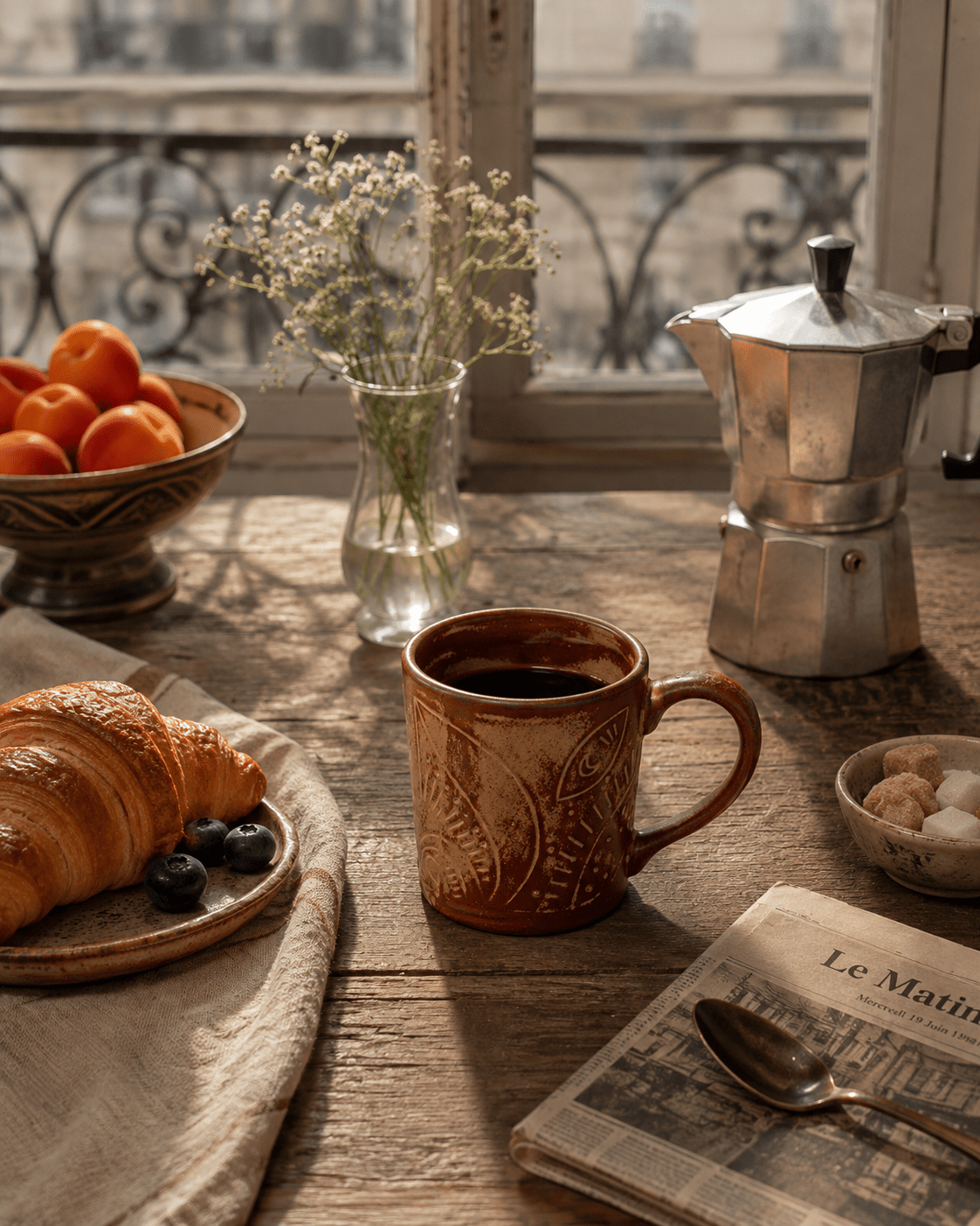 Rustic red brown ceramic coffee mug with reactive glaze styled on a European breakfast table with coffee and croissant