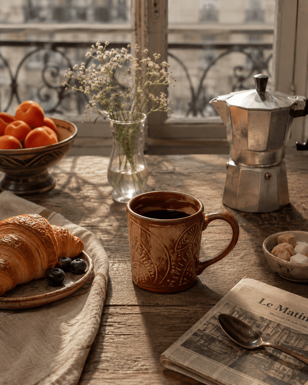 Rustic red brown ceramic coffee mug with reactive glaze styled on a European breakfast table with coffee and croissant