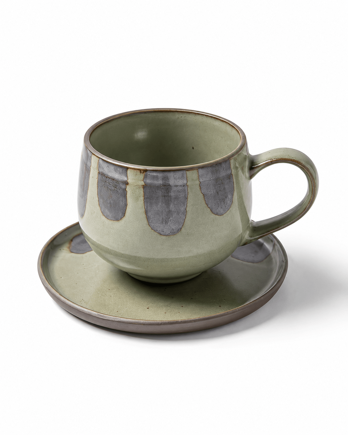 Sage green reactive glaze ceramic coffee cup and saucer with hand-finished grey pattern