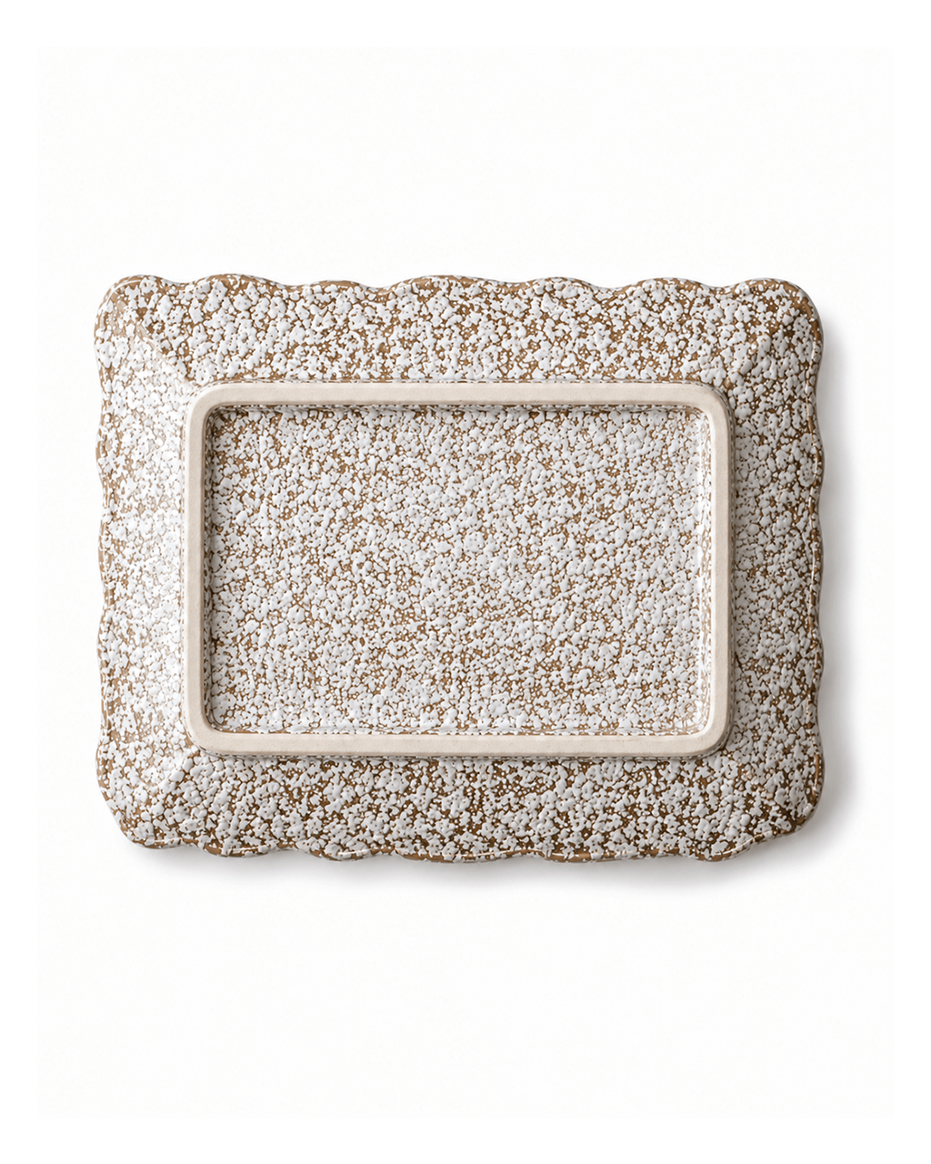 ottom view of handmade speckled ceramic serving platter showing the rectangular foot ring and reactive glaze finish
