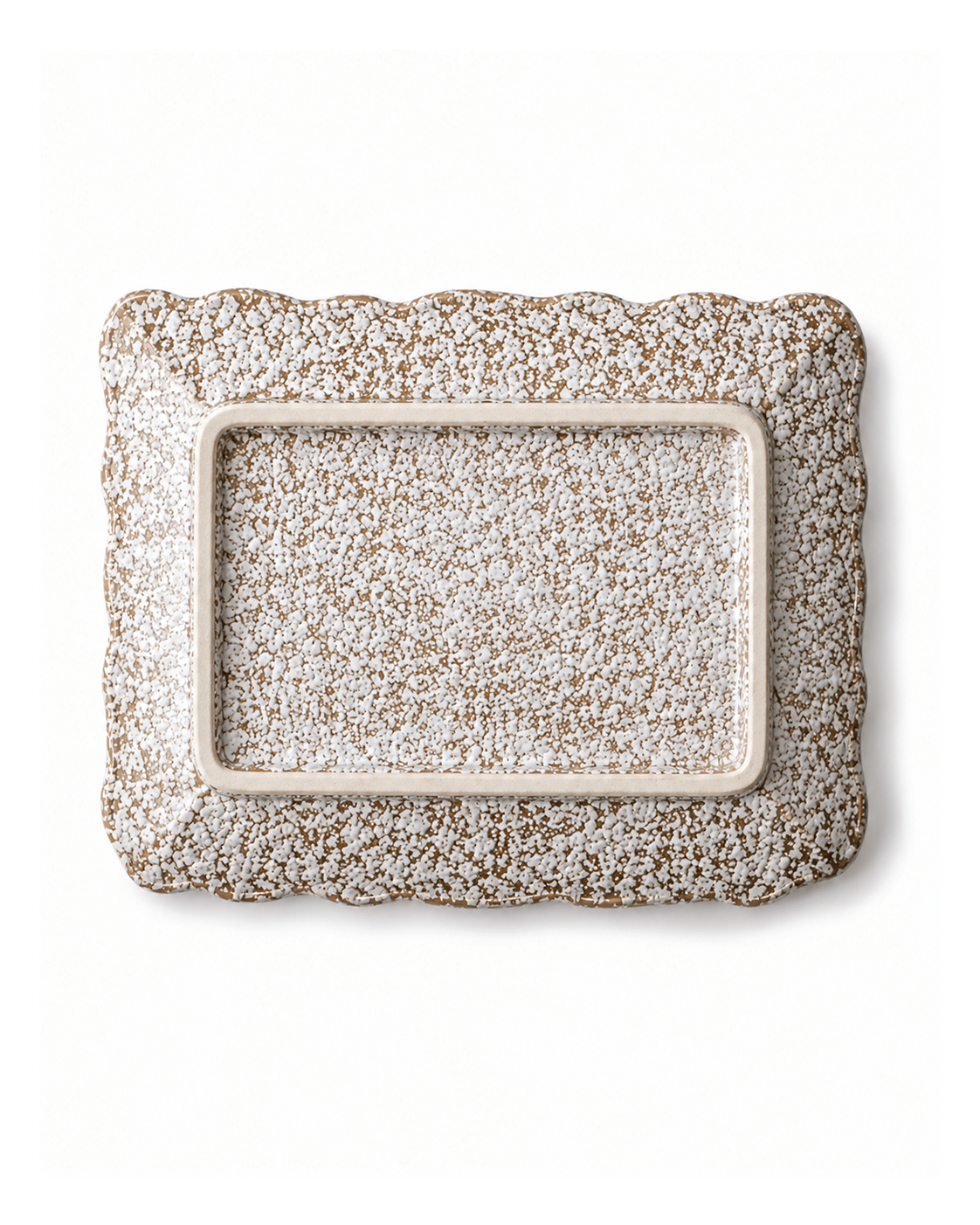 ottom view of handmade speckled ceramic serving platter showing the rectangular foot ring and reactive glaze finish