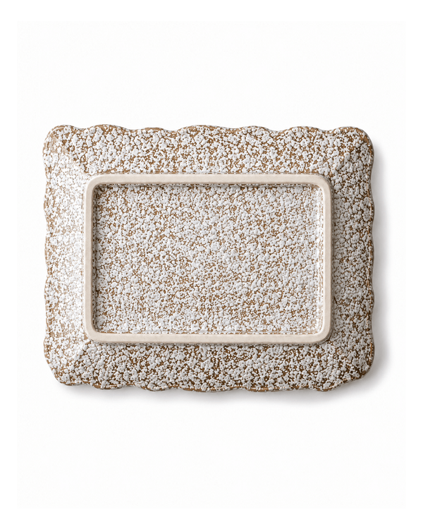 ottom view of handmade speckled ceramic serving platter showing the rectangular foot ring and reactive glaze finish