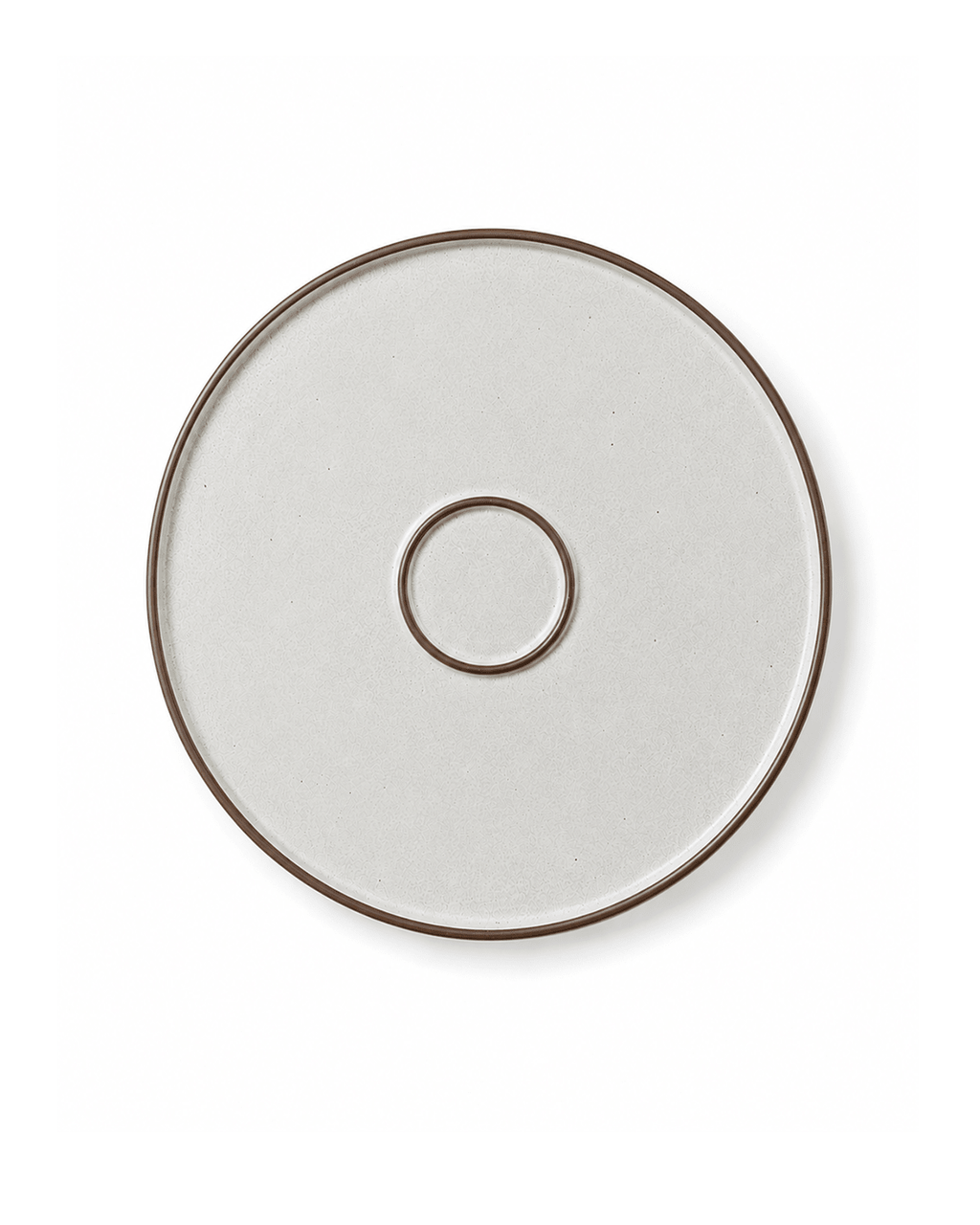 Bottom view of a speckled ceramic side plate with brown rim and circular foot ring