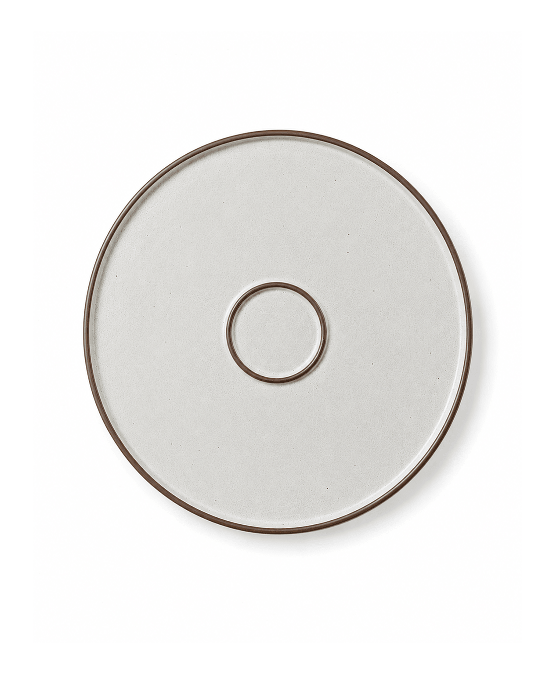 Bottom view of a speckled ceramic side plate with brown rim and circular foot ring