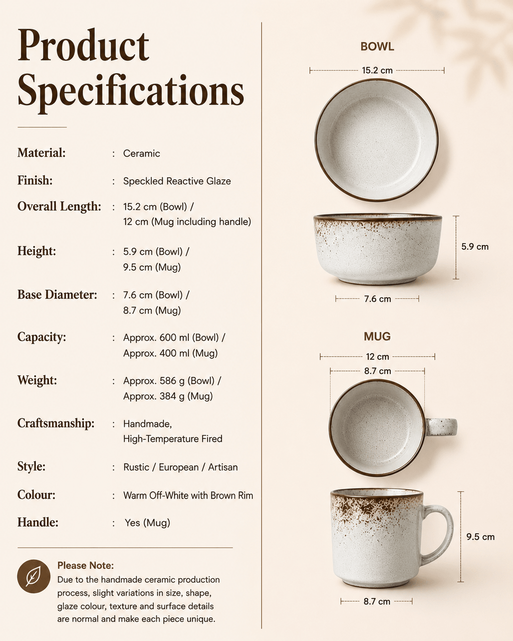 Product specifications and dimensions for speckled reactive glaze ceramic bowl and mug