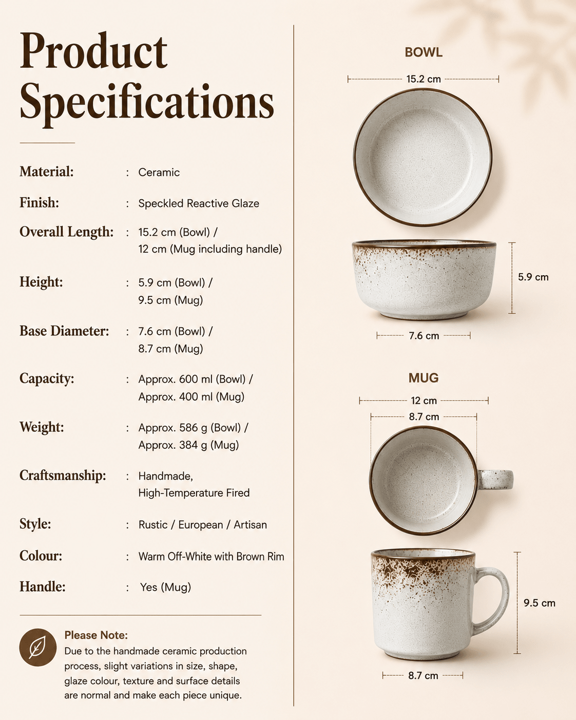Product specifications and dimensions for speckled reactive glaze ceramic bowl and mug