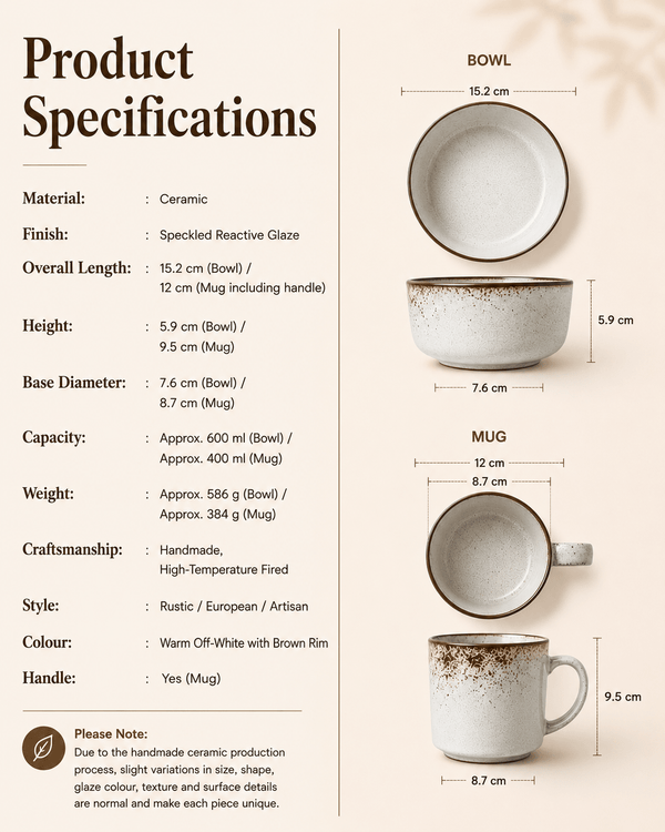 Product specifications and dimensions for speckled reactive glaze ceramic bowl and mug