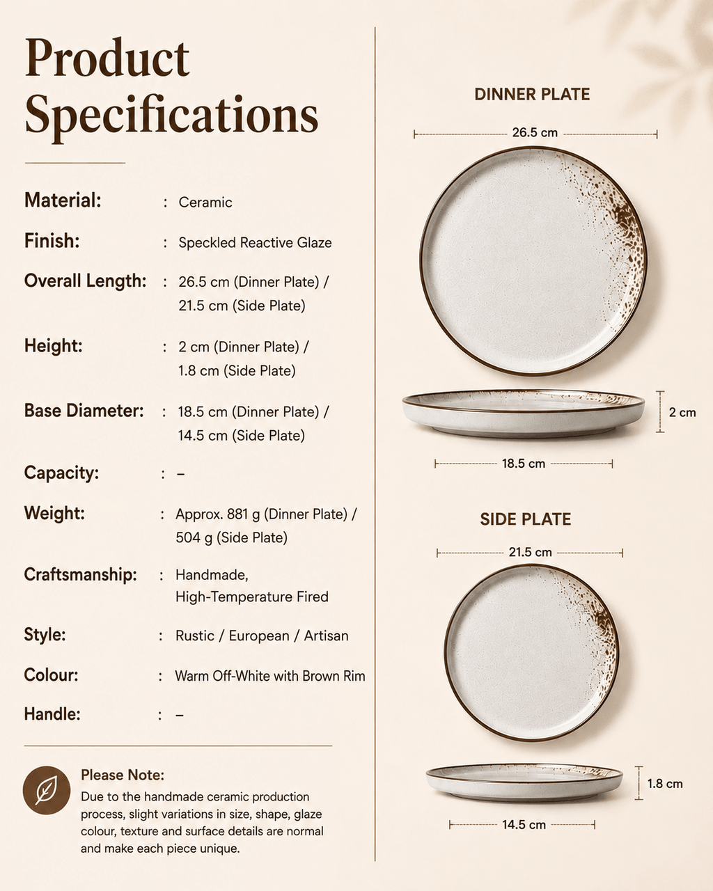 Product specifications and dimensions for speckled reactive glaze ceramic dinner and side plates