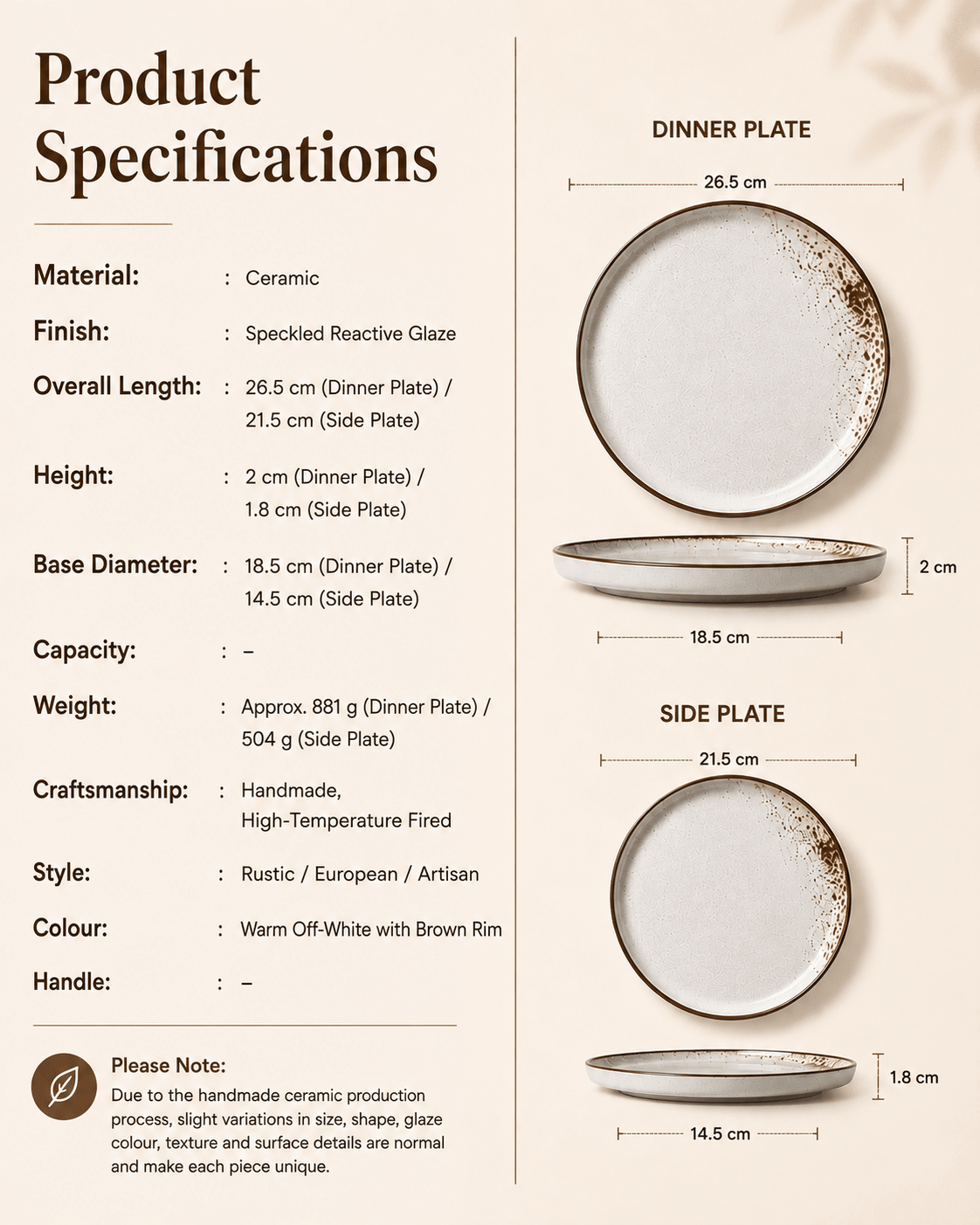 Product specifications and dimensions for speckled reactive glaze ceramic dinner and side plates
