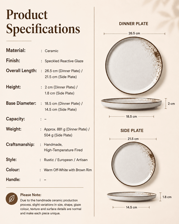 Product specifications and dimensions for speckled reactive glaze ceramic dinner and side plates