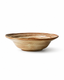 Side view of beige and brown striped reactive glaze ceramic pasta bowl with wide flared rim and shallow handmade profile