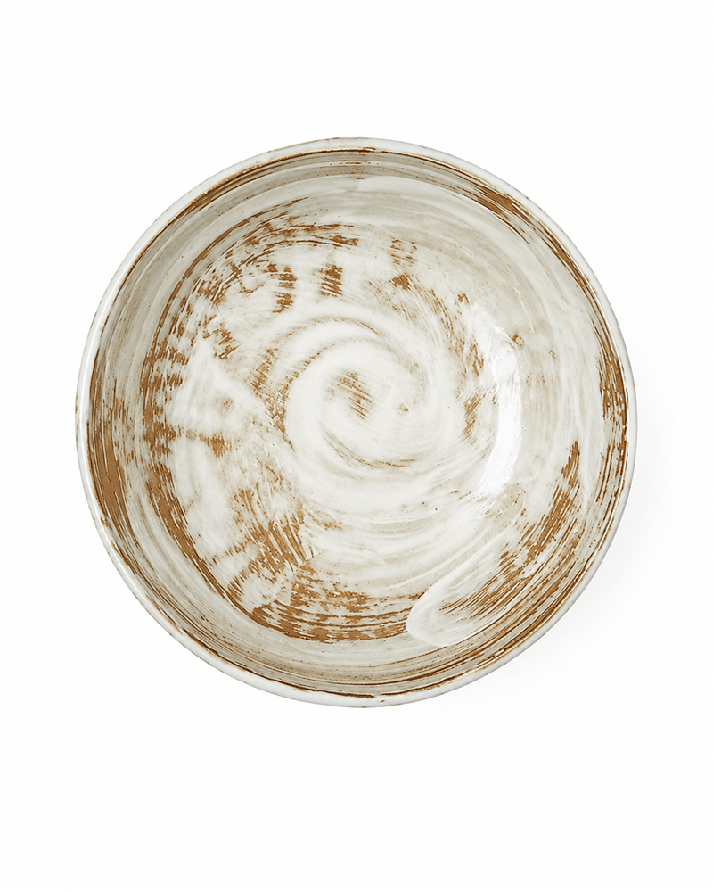 Top view of white and brown reactive glaze ceramic bowl with natural hand-finished brush marks, 7.2 inch