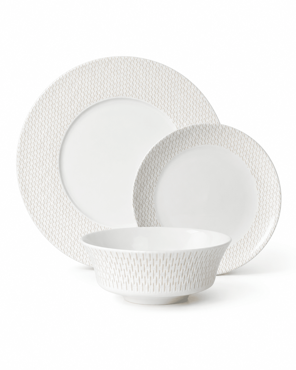 White textured bone china dinnerware set with dinner plate, side plate and bowl