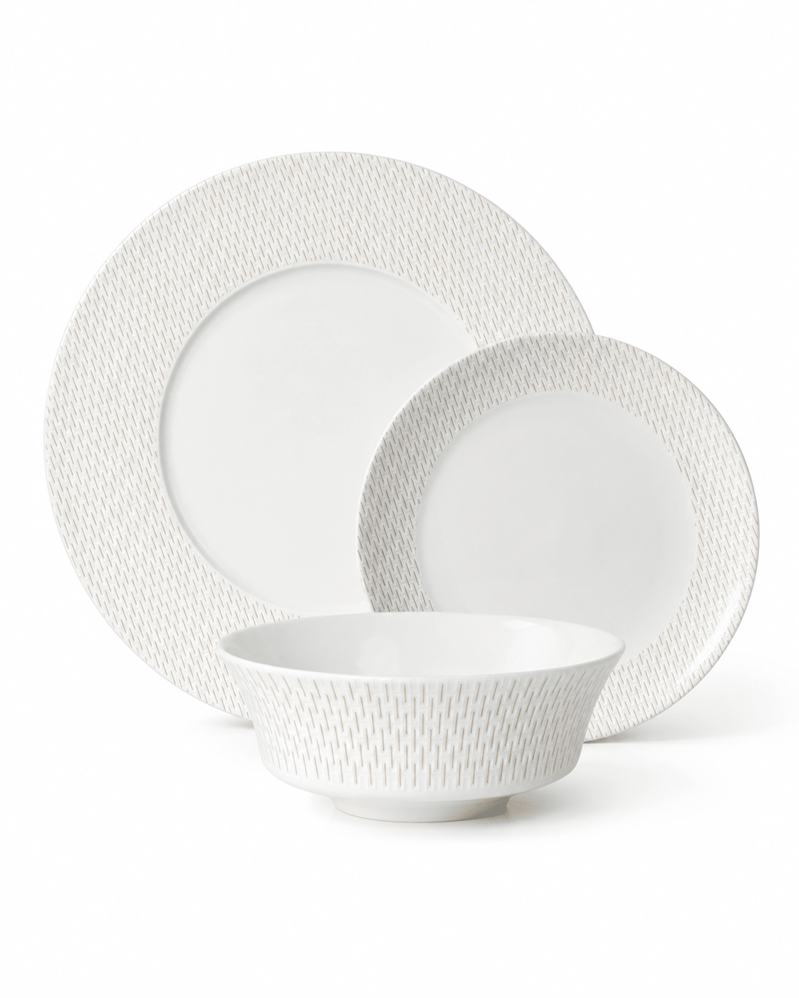 White textured bone china dinnerware set with dinner plate, side plate and bowl