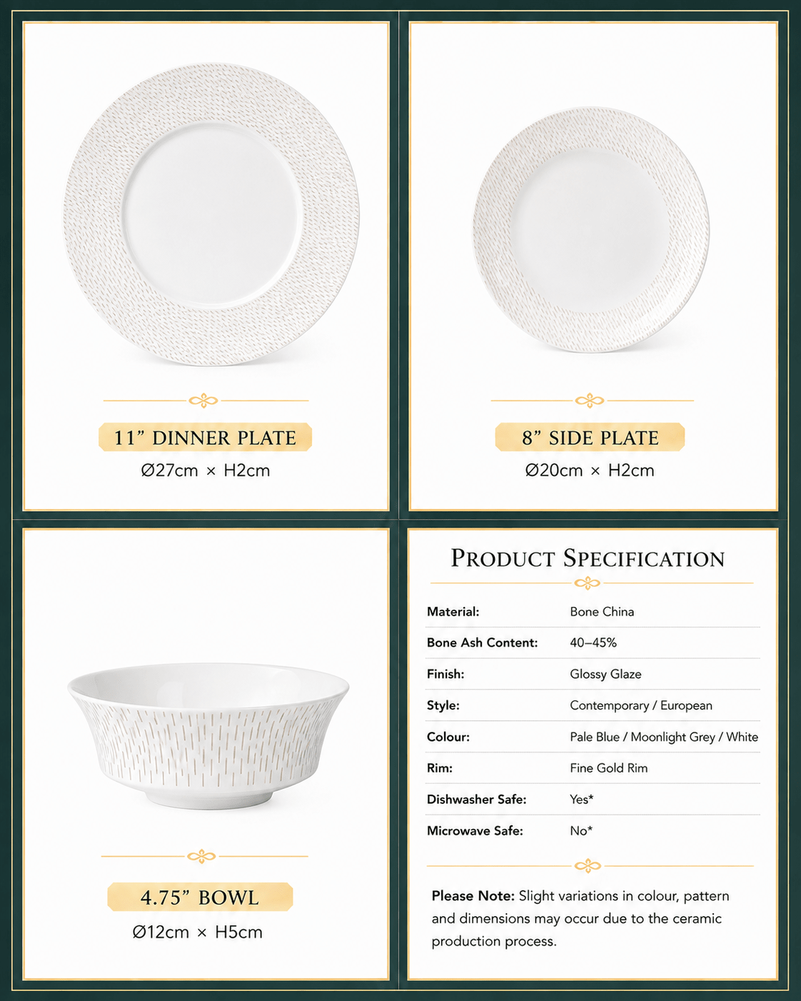 White textured bone china dinnerware set specifications with dinner plate, side plate and bowl dimensions