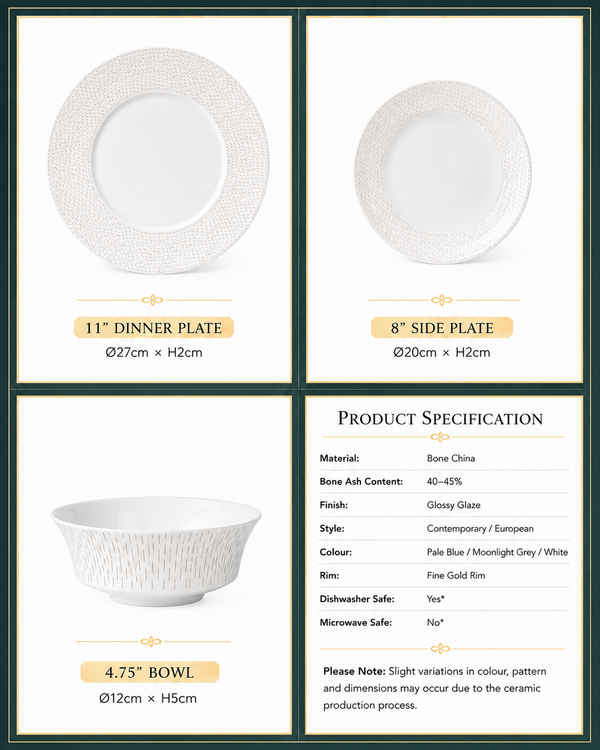 White textured bone china dinnerware set specifications with dinner plate, side plate and bowl dimensions