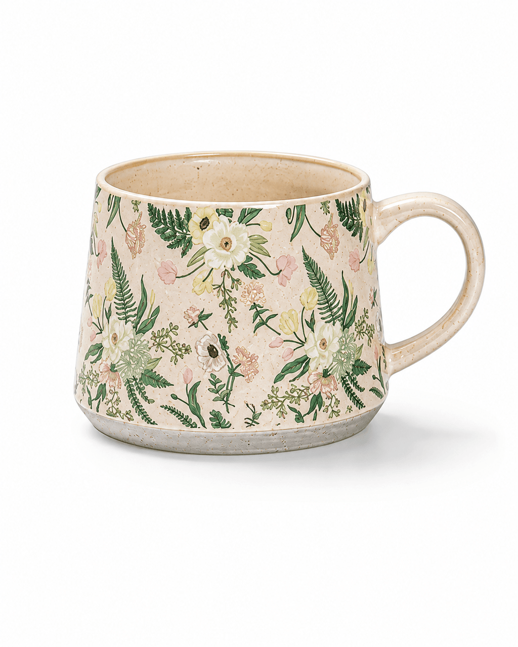 Cream floral ceramic mug with green foliage and soft pink and white wildflowers
